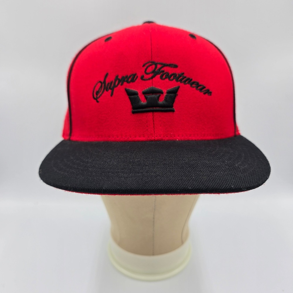 Vtg Supra Footwear Hat Red Black Script Crown Logo Flat Brim Cap Y2K Rerto OSFA